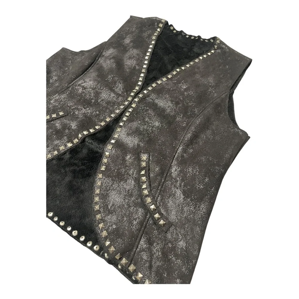 Montanaco Faux Leather‎ Black Studded Western Festival Vest size Large